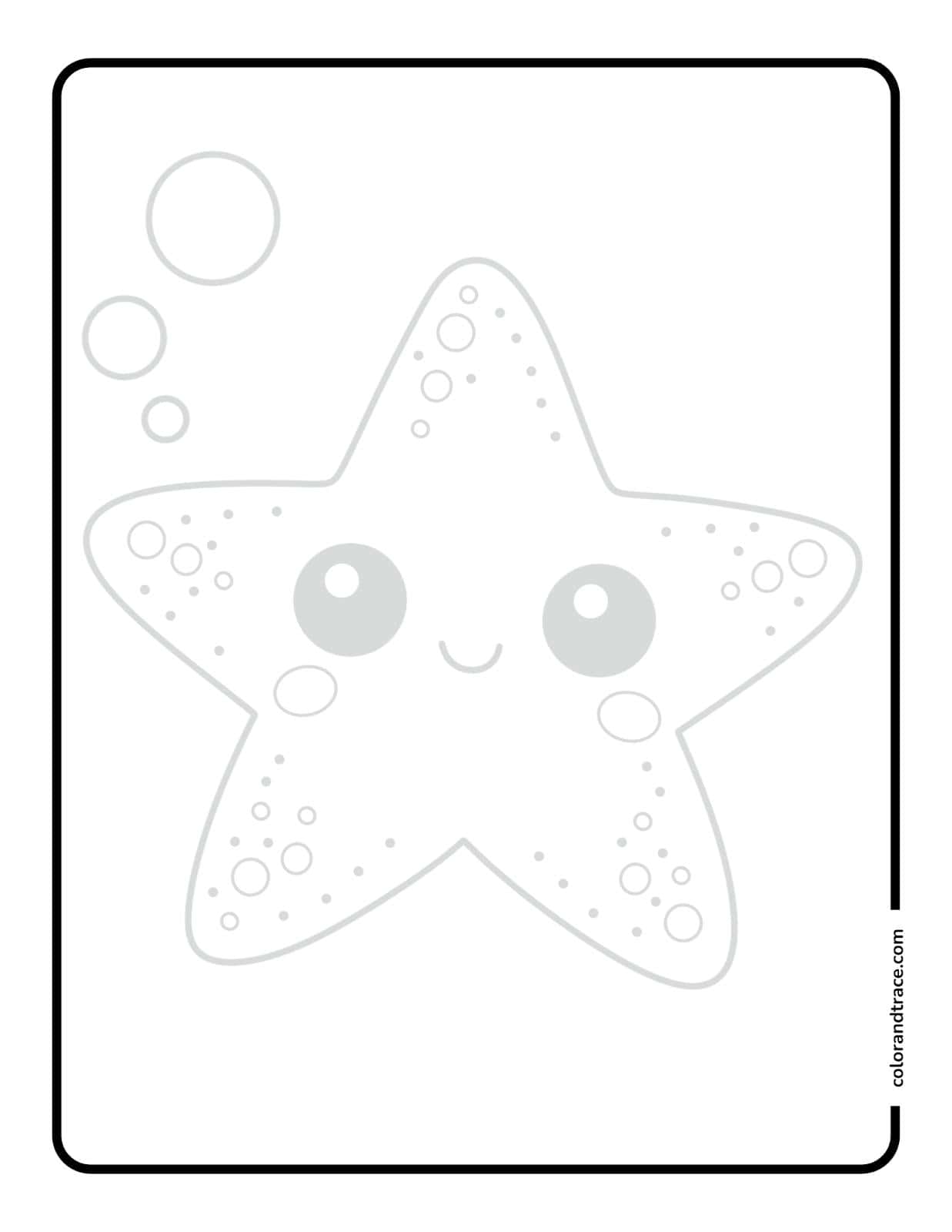 Light gray outlined smiling starfish with large eyes, bubble clusters around its arms, centered on a white portrait tracing page.