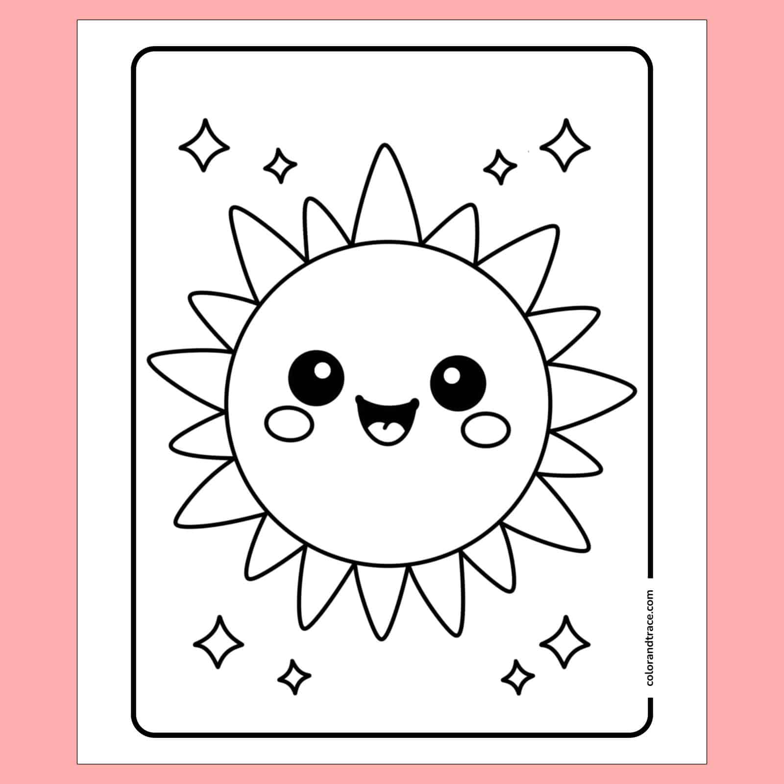 Preview of smiling round sunflower coloring page with large friendly face, cheek blush spots, surrounding petals and small sparkles on a pink background.