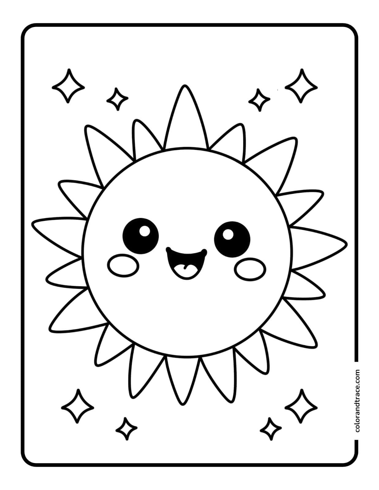 Smiling round sunflower coloring page with large friendly face, cheek blush spots, surrounding petals and small sparkles.