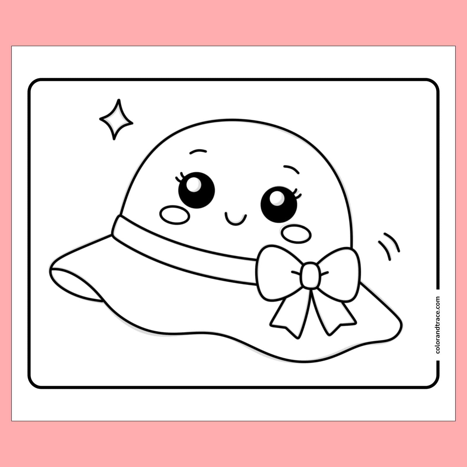 coloring page on a pink background: Cute smiling ghost wearing a wide-brimmed hat with a bow and big sparkling eyes centered on a bordered coloring page.