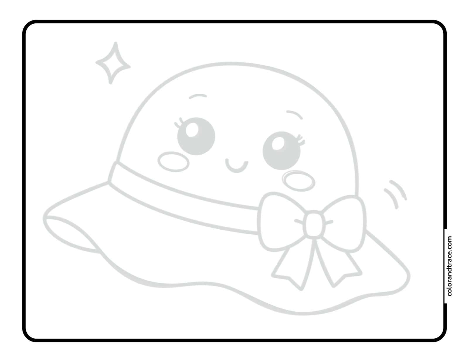 A large rectangular tracing page showing a faint, smiling kawaii-style hat with big eyes, rosy cheeks, a bow, and a star accent on a pink background.