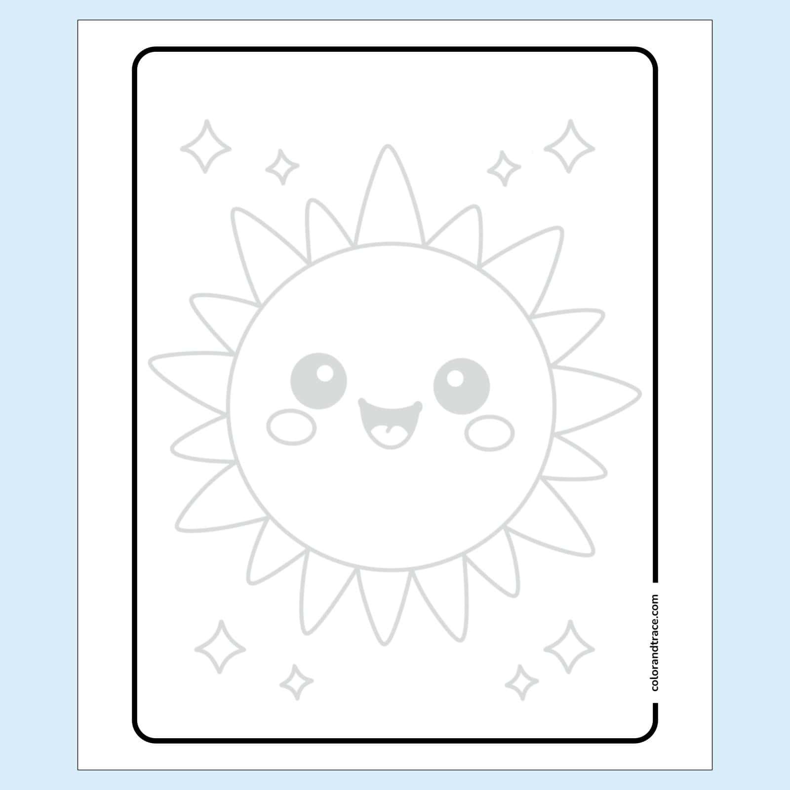 tracing page on a pale blue background: A simple tracing page showing a large smiling sun with radiating rays and small star shapes inside a rounded rectangular frame.