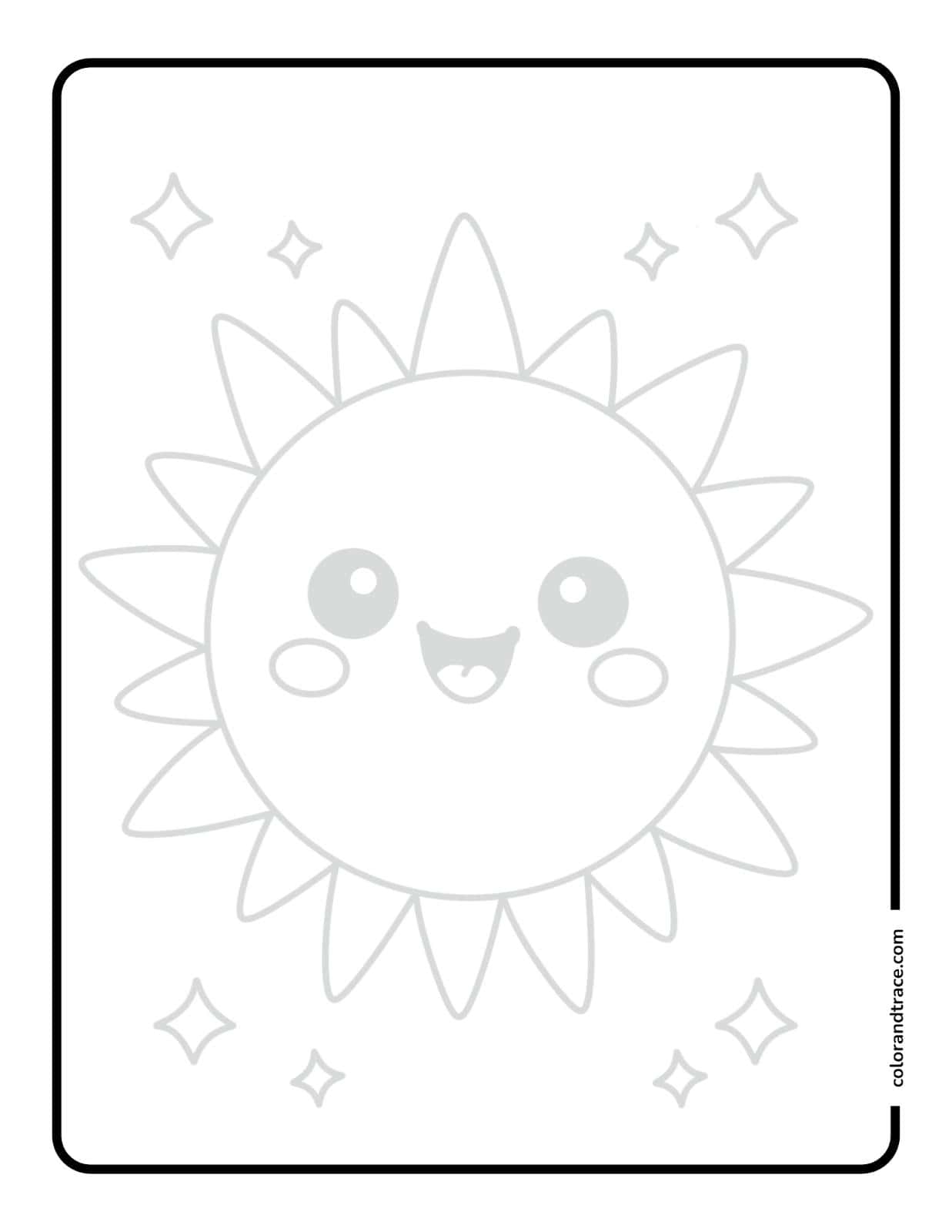 A simple tracing page showing a large smiling sun with radiating rays and small star shapes inside a rounded rectangular frame.