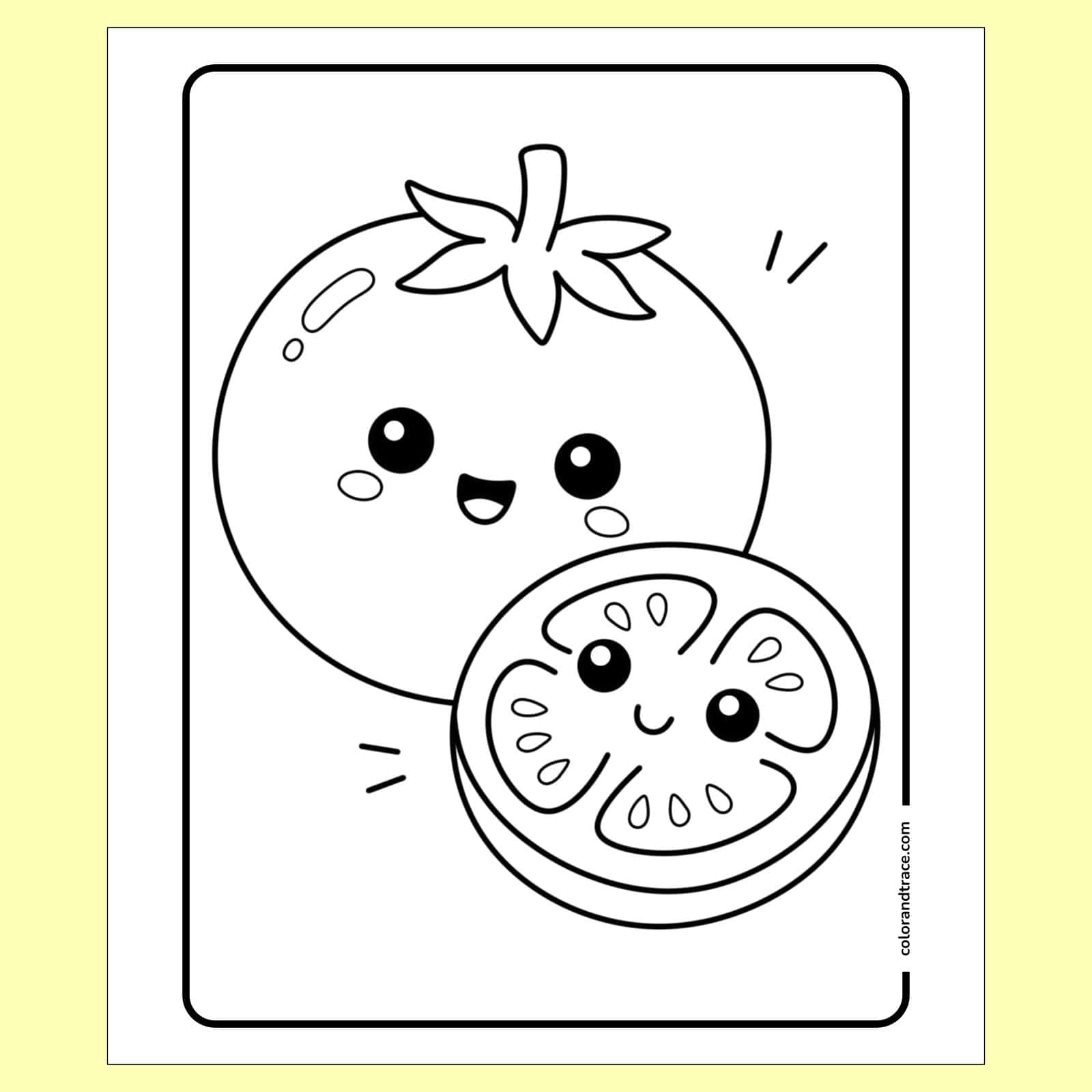 coloring page on a pale yellow background: Two smiling kawaii-style tomatoes—a whole tomato with leaves and a sliced tomato with seed sections—outlined for a coloring page.