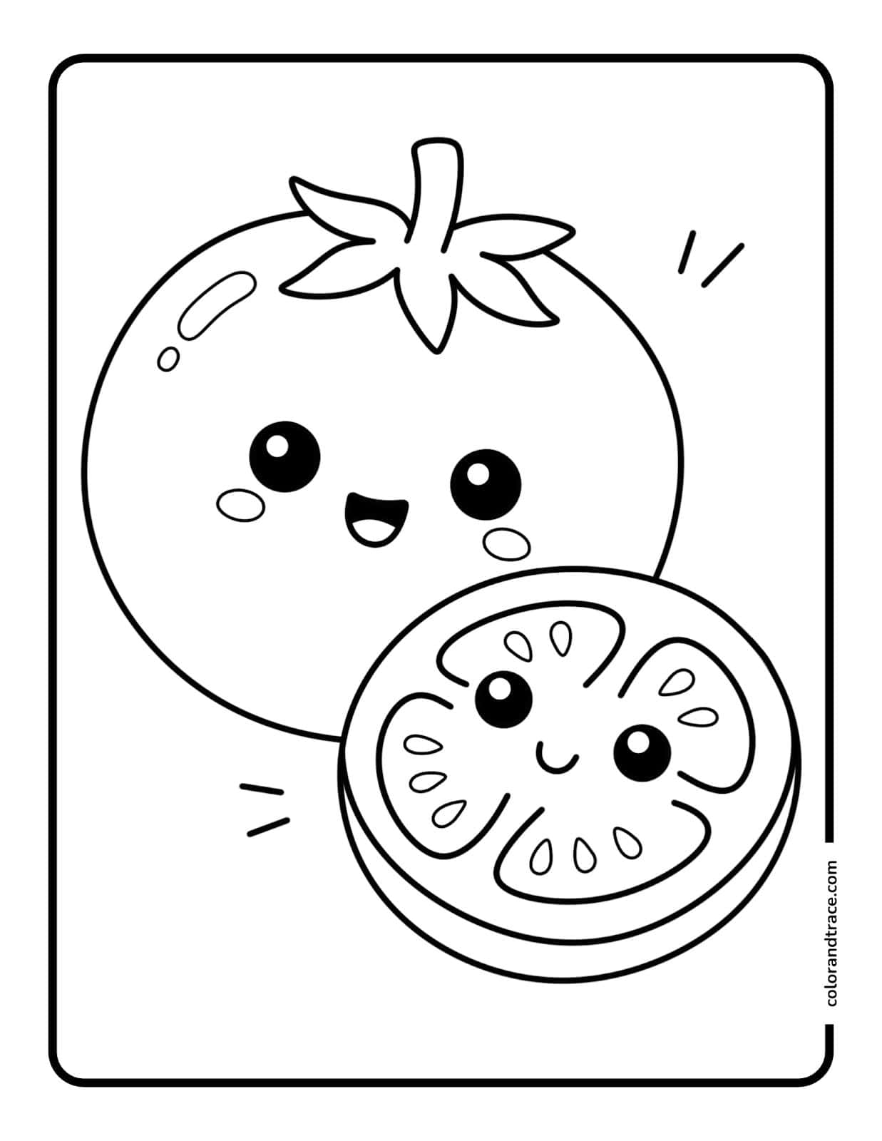 Two smiling kawaii-style tomatoes—a whole tomato with leaves and a sliced tomato with seed sections—outlined for a coloring page.