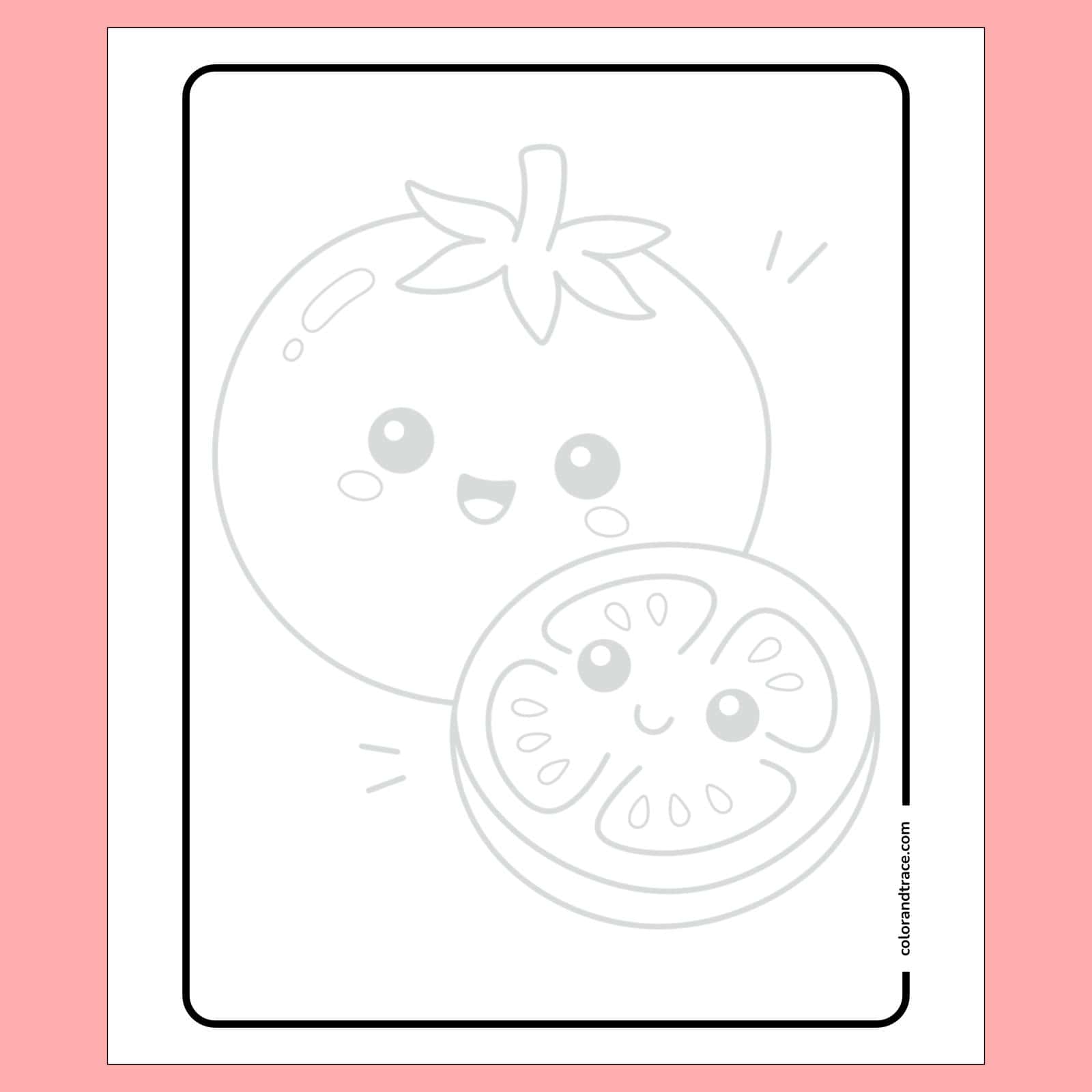 Preview of a black-and-white tracing page showing two kawaii-style tomatoes with smiling faces and a rounded rectangular border on a pink background.