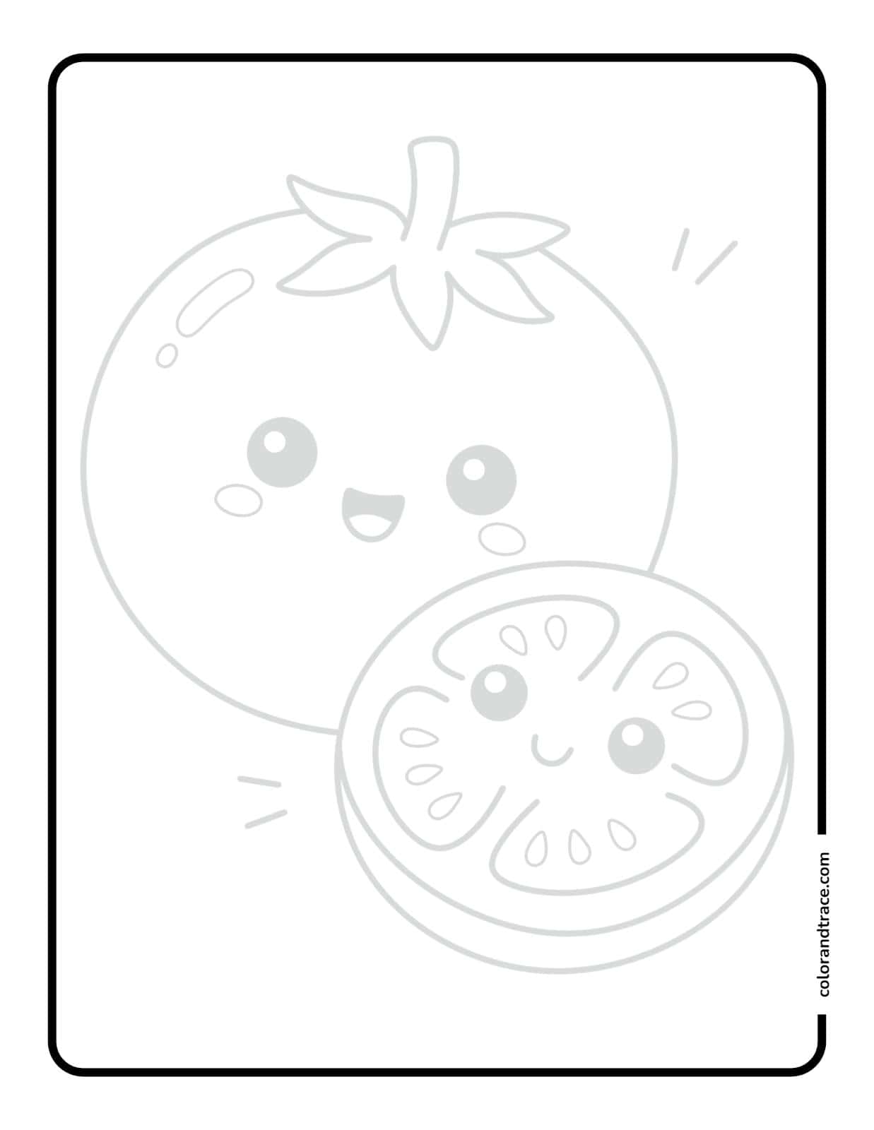 Black-and-white tracing page showing two kawaii-style tomatoes with smiling faces and a rounded rectangular border on a pink background.