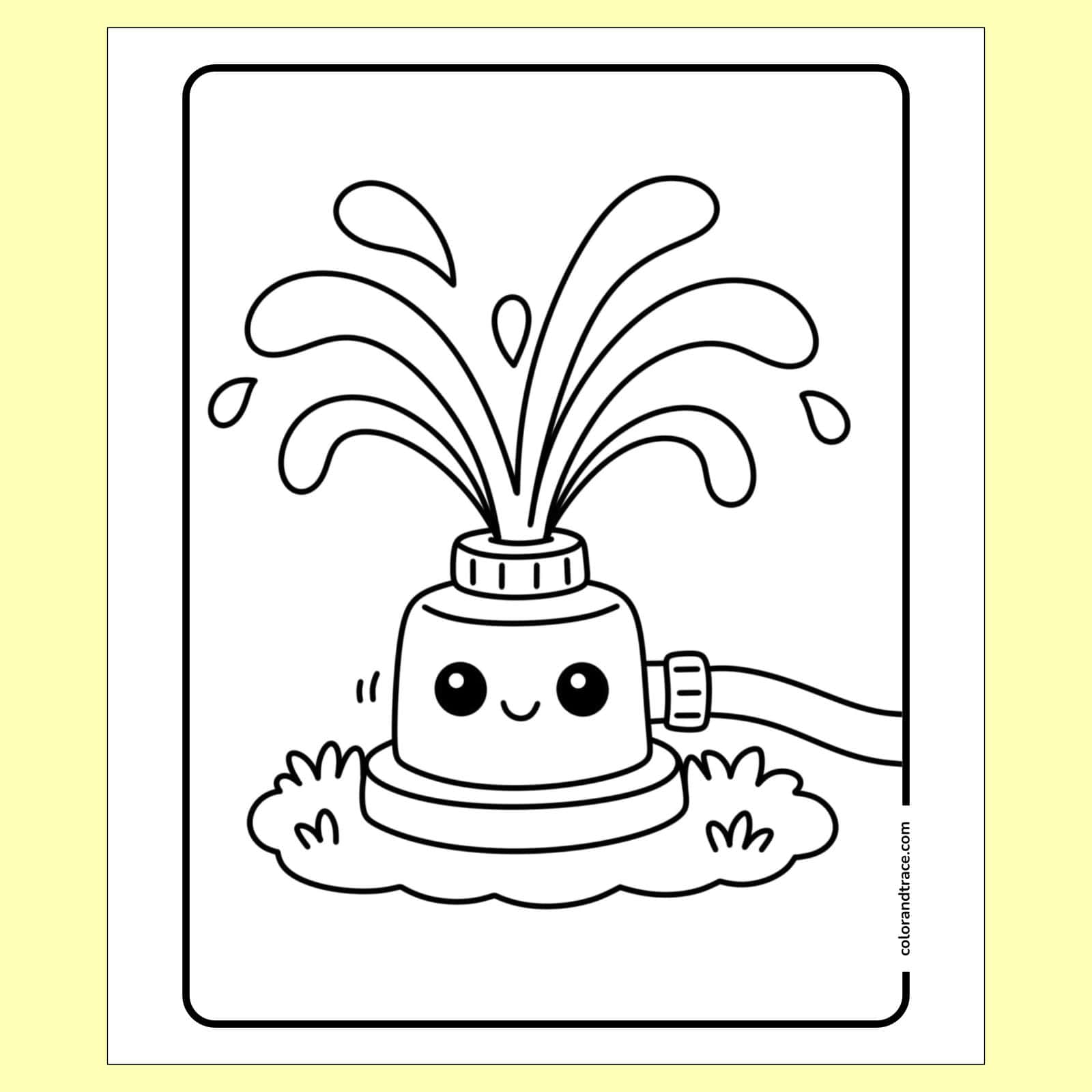 coloring page on a pale yellow background: Cute sprinkler character with smiling face sprays large water drops upward from its top, surrounded by grass on a rectangular coloring page.