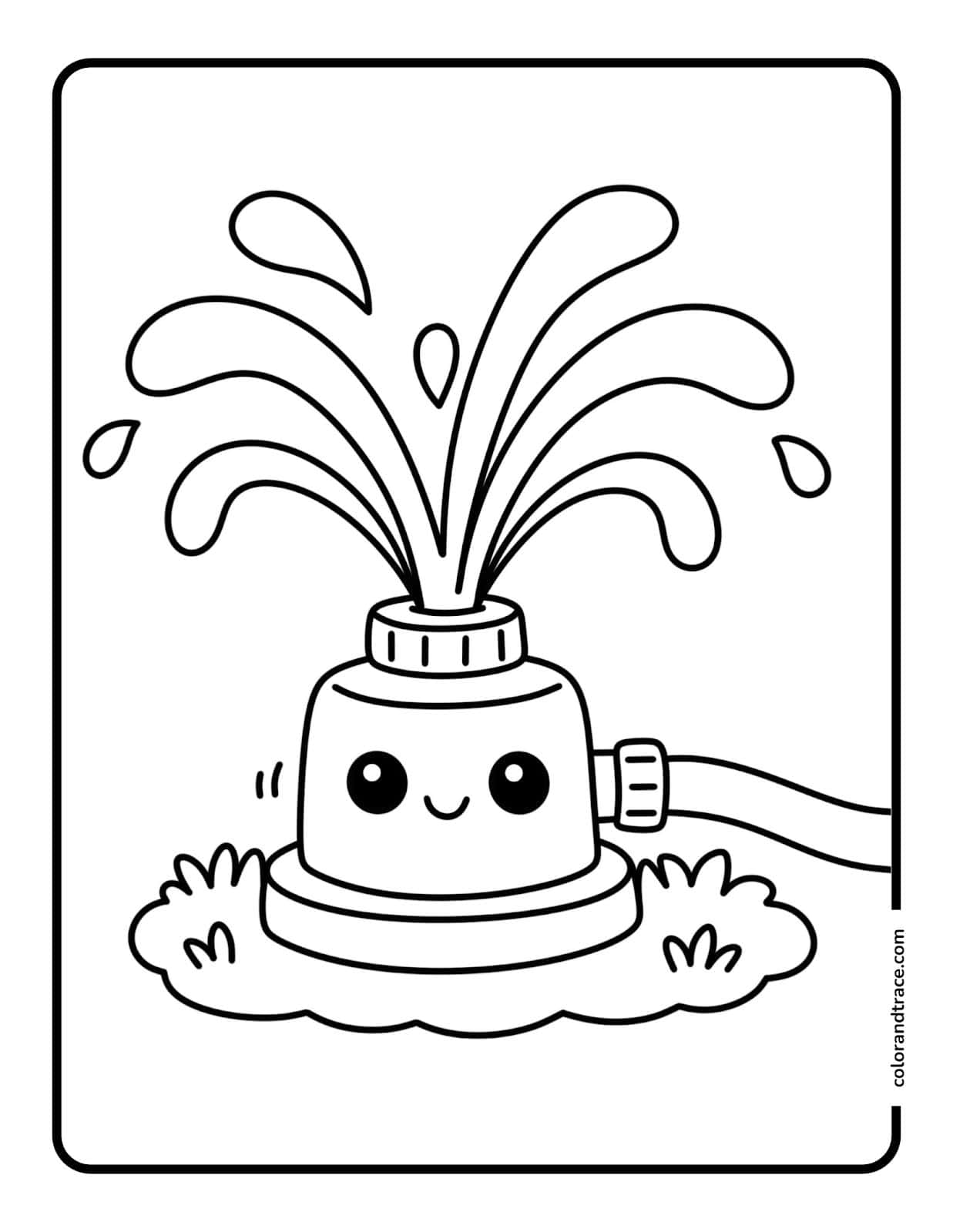 Cute sprinkler character with smiling face sprays large water drops upward from its top, surrounded by grass on a rectangular coloring page.