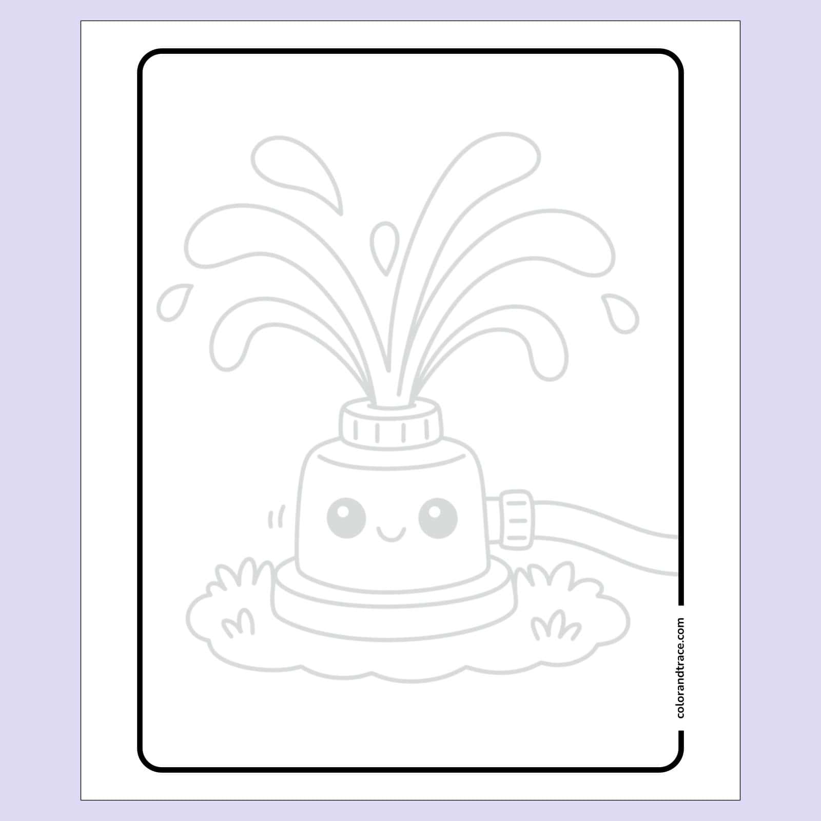 Preview of black-and-white tracing page showing a smiling sprinkler with water sprays, rounded border, and lavender page background.