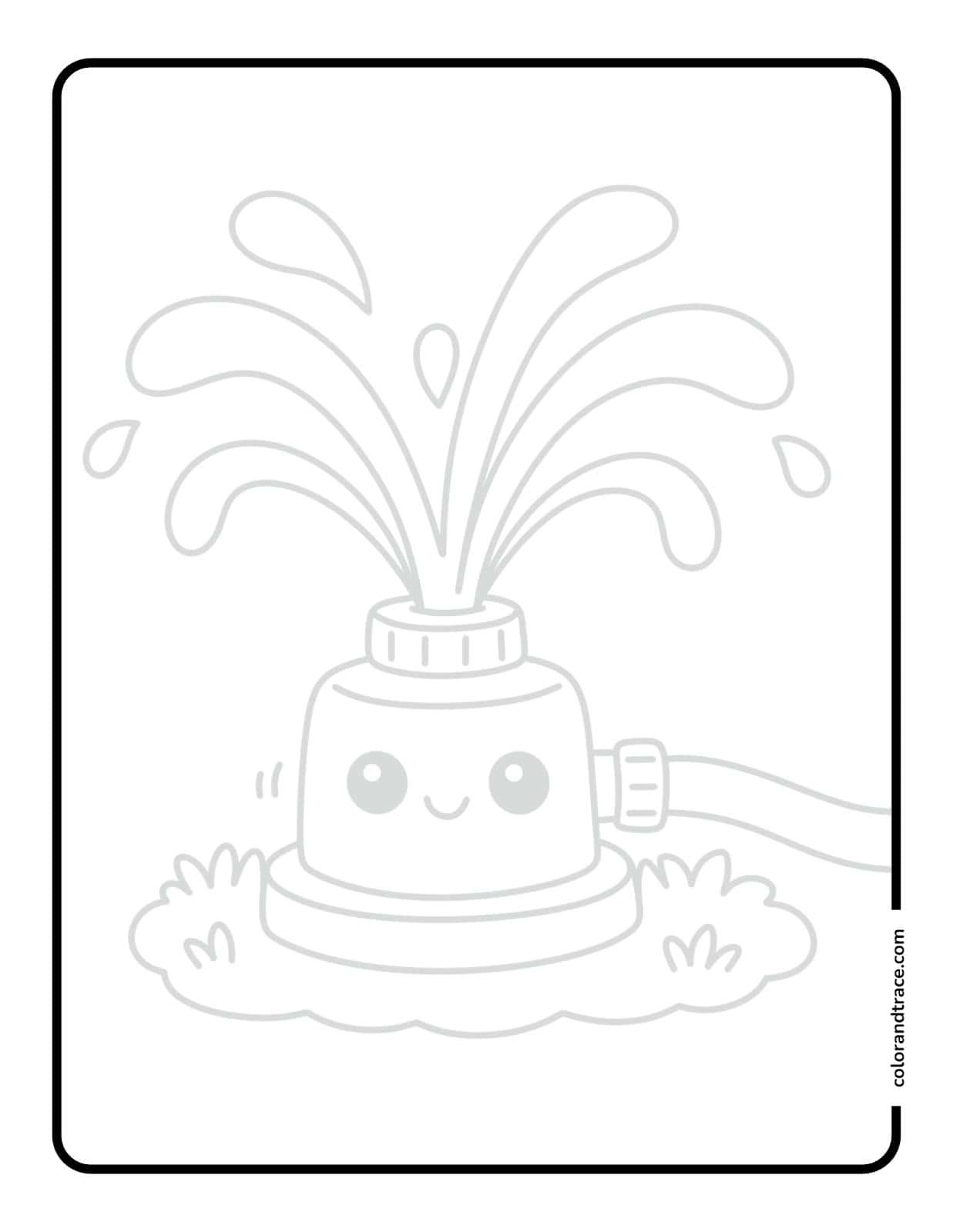 Black-and-white tracing page showing a smiling sprinkler with water sprays, rounded border, and lavender page background.