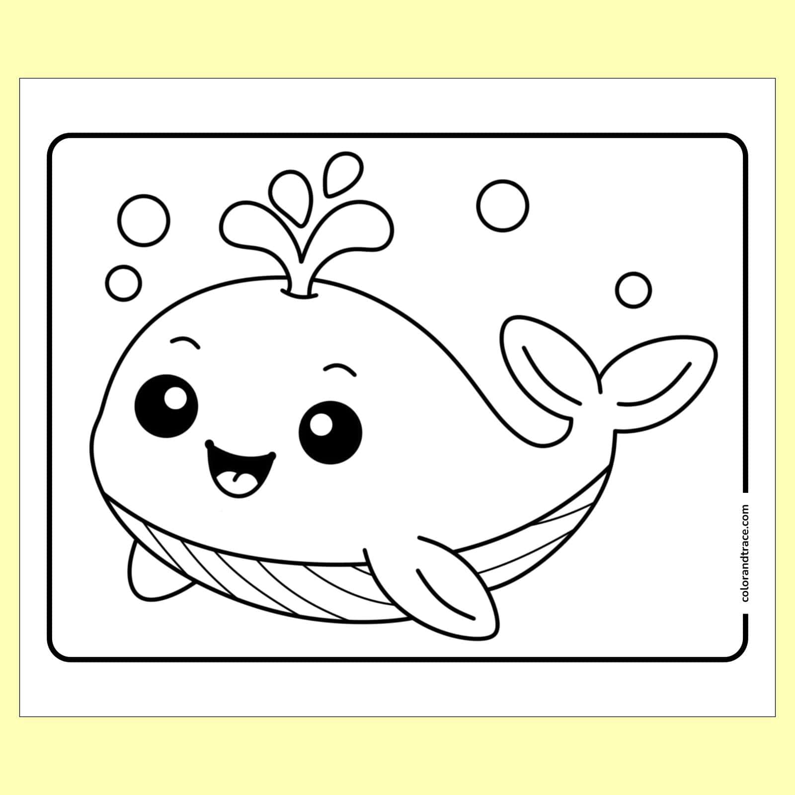 Preview of a smiling cartoon whale with spout and bubbles centered on a bordered rectangular coloring page, ready for children to color.