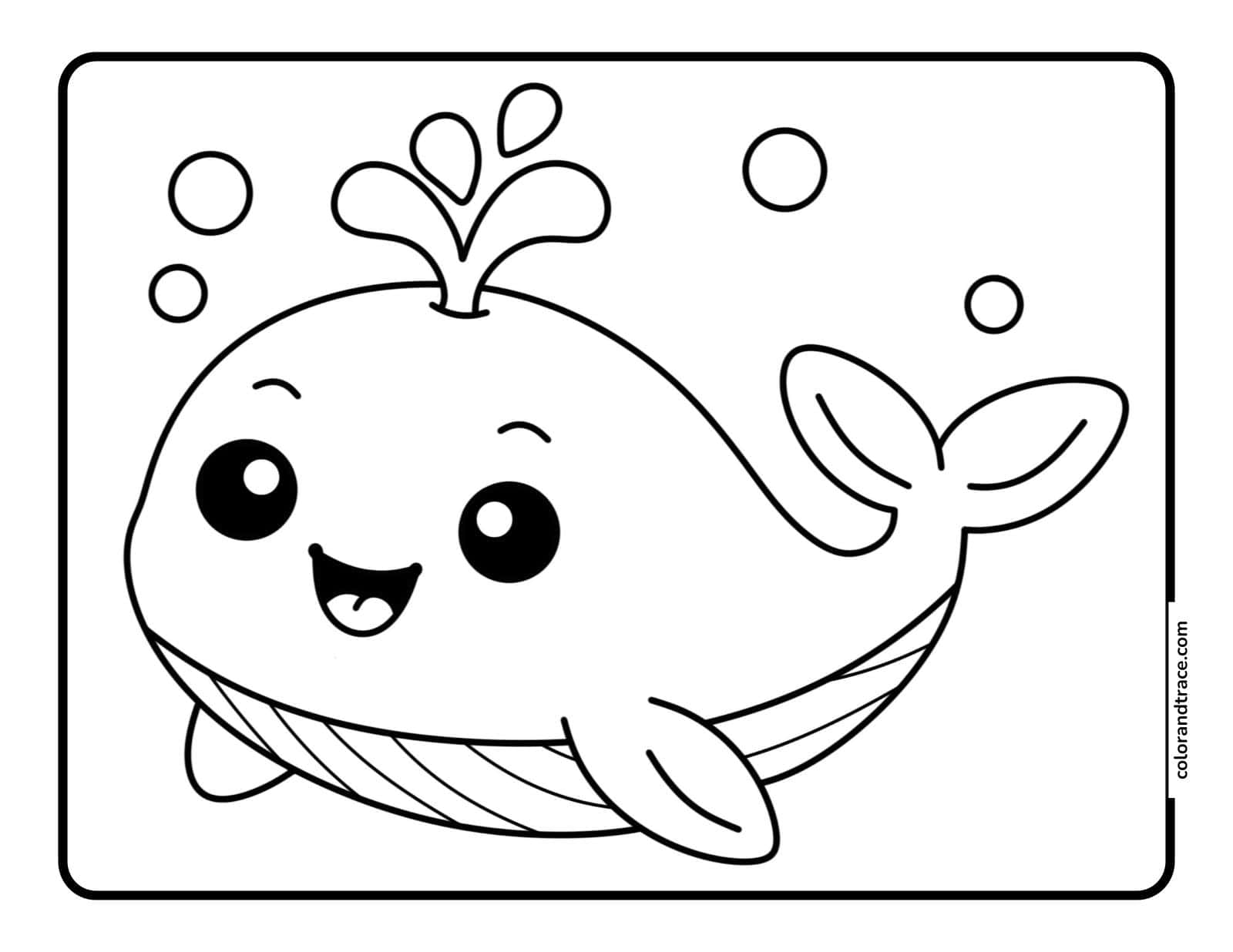 Smiling cartoon whale with spout and bubbles centered on a bordered rectangular coloring page, ready for children to color.