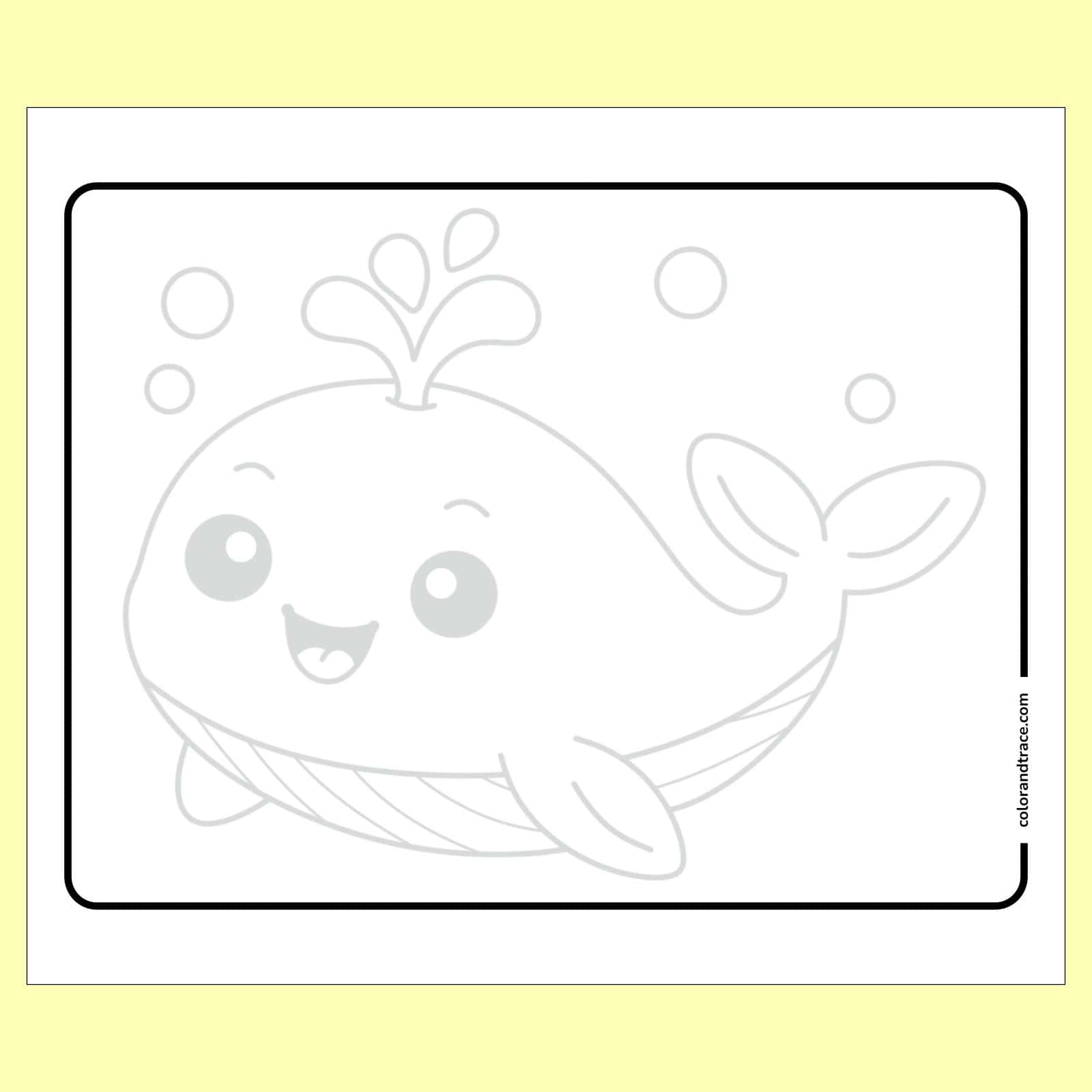 Preview of smiling cartoon whale with a water spout, big round eyes, flippers and tail centered on a bordered tracing page.
