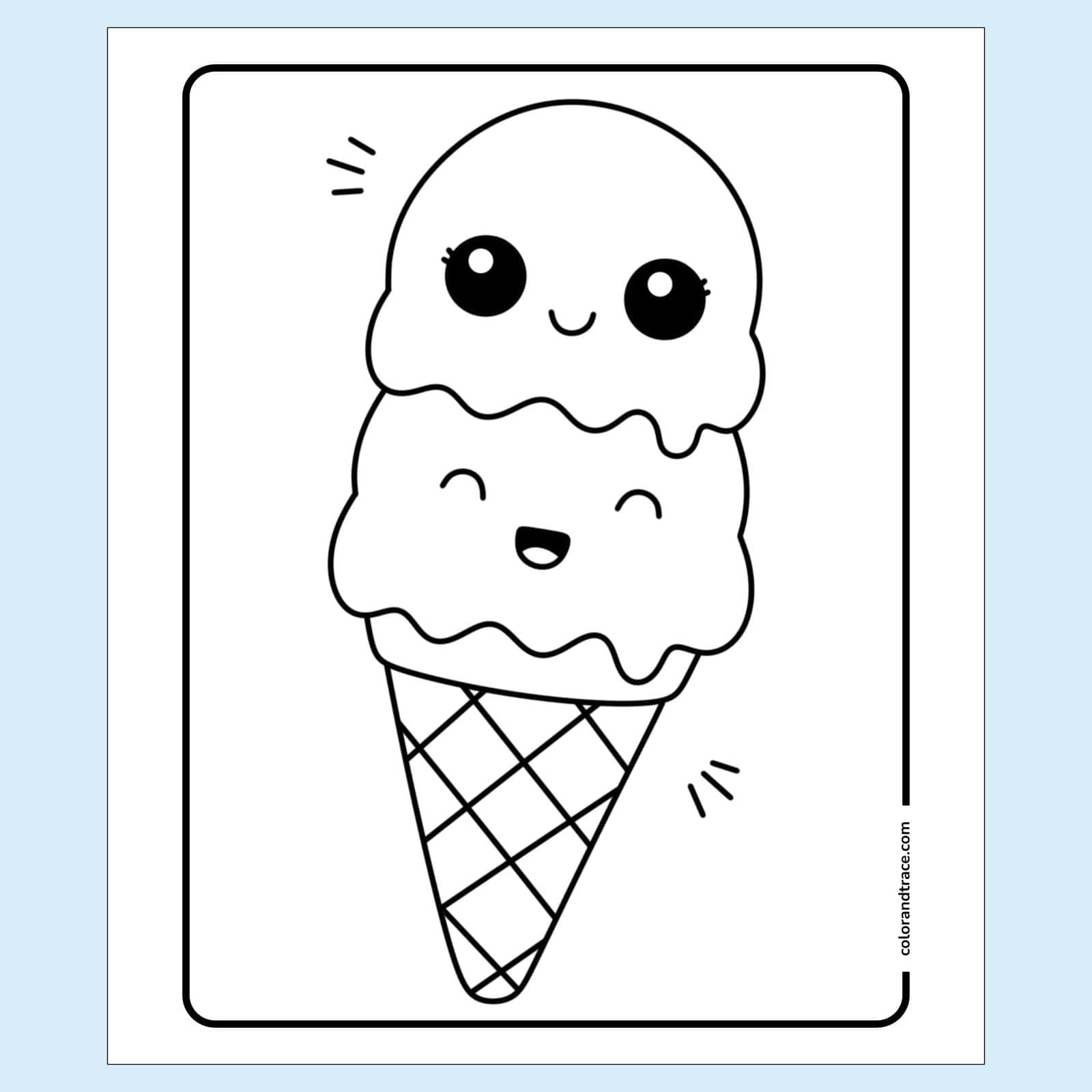 coloring page on a light blue background: Black-and-white kawaii-style double-scoop ice cream cone coloring page with smiling faces and a waffle cone, framed by a rounded rectangle.