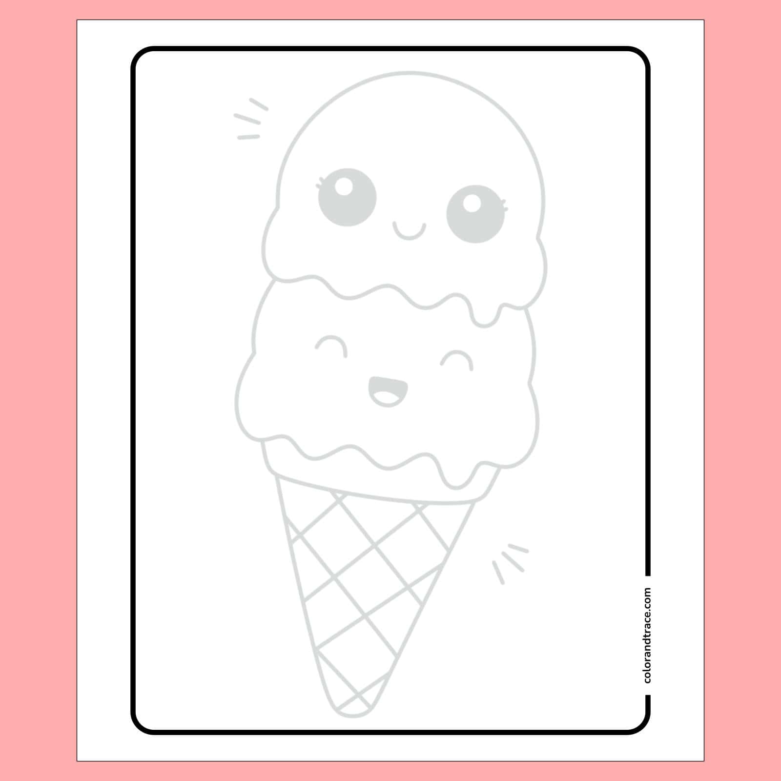 Preview of kawaii double-scoop ice cream cone tracing page with smiling faces, large eyes, waffle cone grid, and decorative border on a pink background.