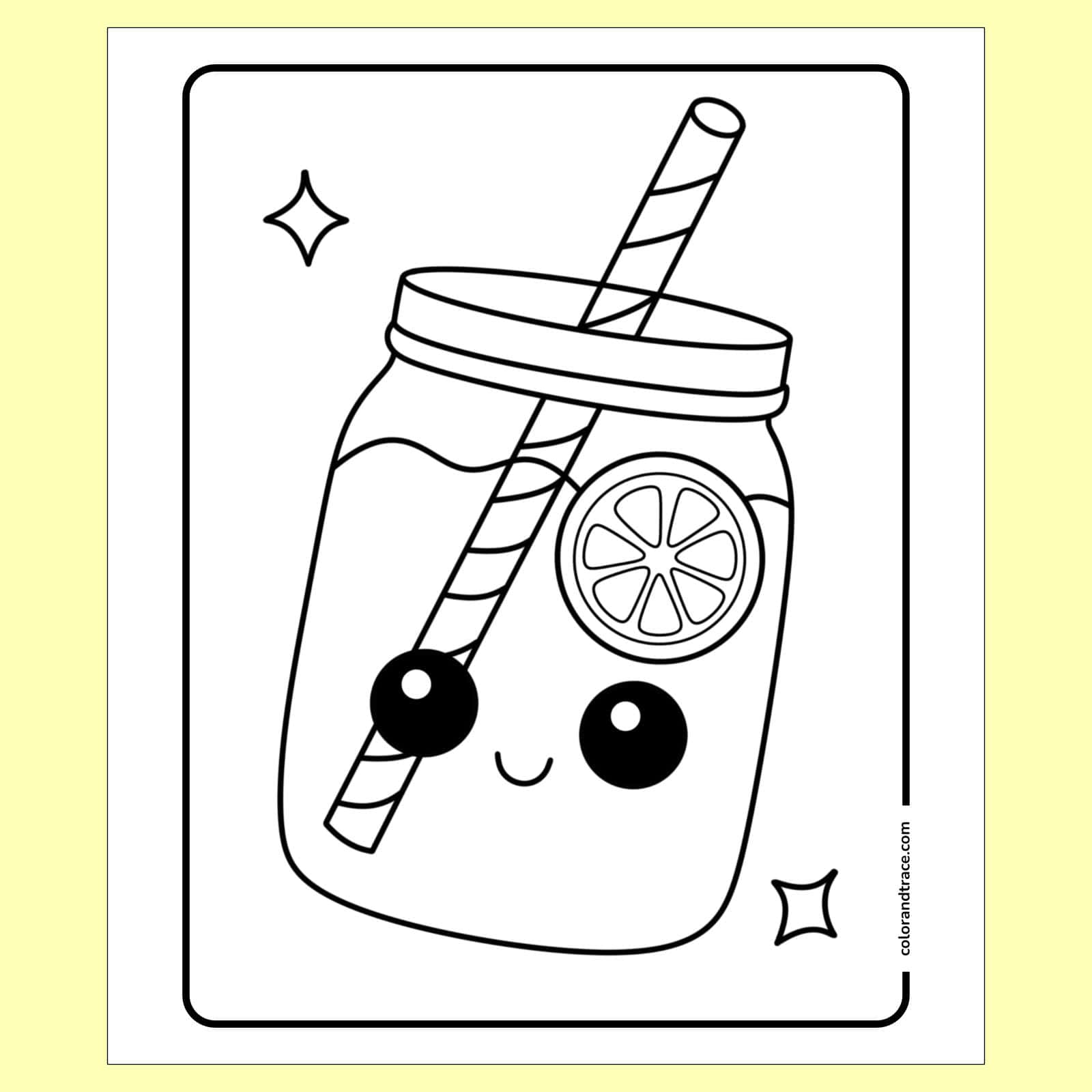 Preview of cute smiling mason jar drink coloring page on a pale yellow background showing a jar with a striped straw, lemon slice and two sparkles.