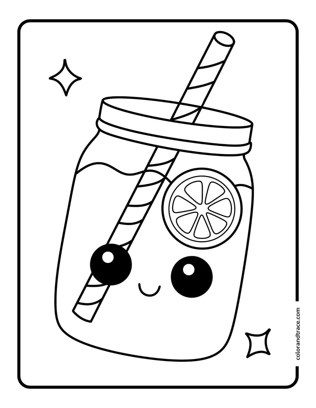 Cute smiling mason jar drink coloring page showing a jar with a striped straw, lemon slice and two sparkles.