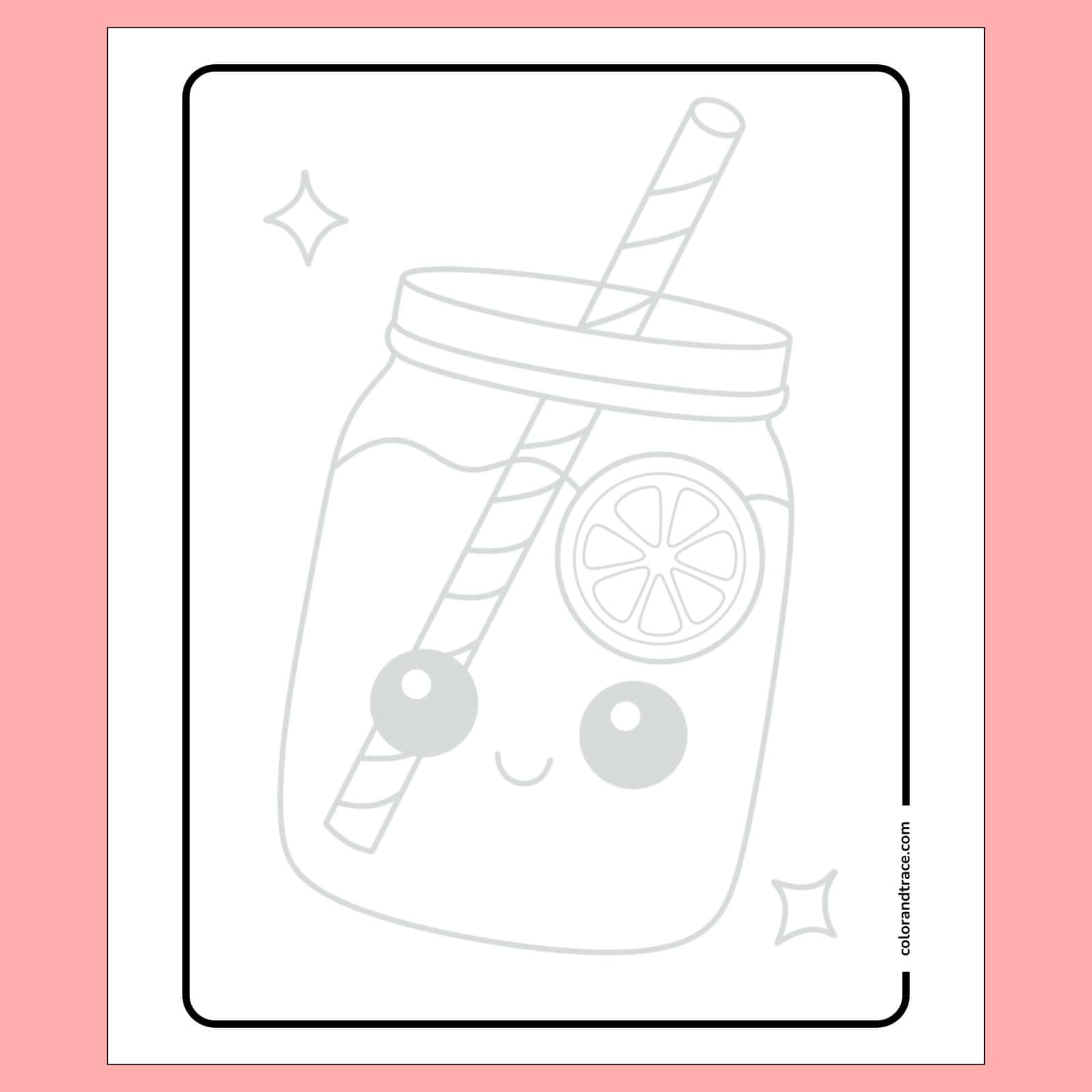 Preview of black-and-white tracing page showing a smiling mason jar with a striped straw, lemon slice, and decorative sparkles inside a rounded rectangular border.