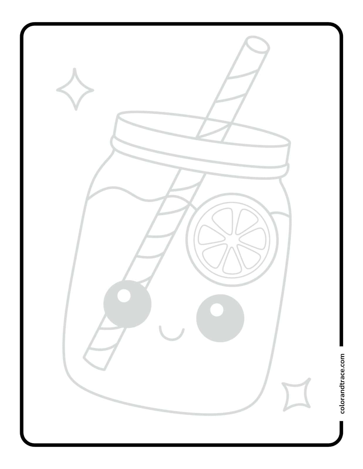 Black-and-white tracing page showing a smiling mason jar with a striped straw, lemon slice, and decorative sparkles inside a rounded rectangular border.