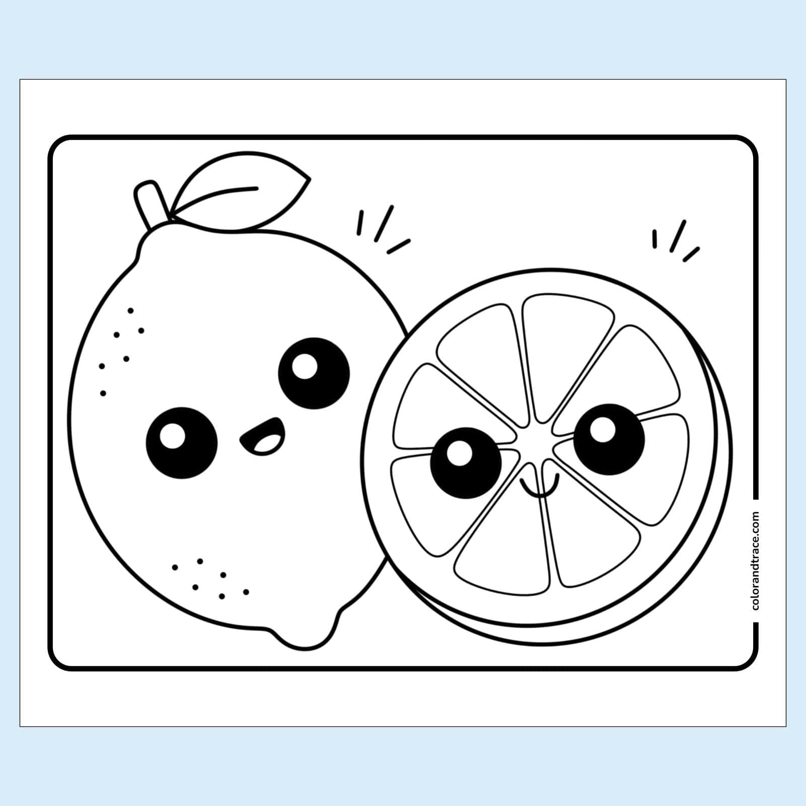 coloring page on a light blue background: Two cheerful cartoon citrus fruits—a whole lemon with leaf and a smiling sliced orange—inside a rounded rectangle border.