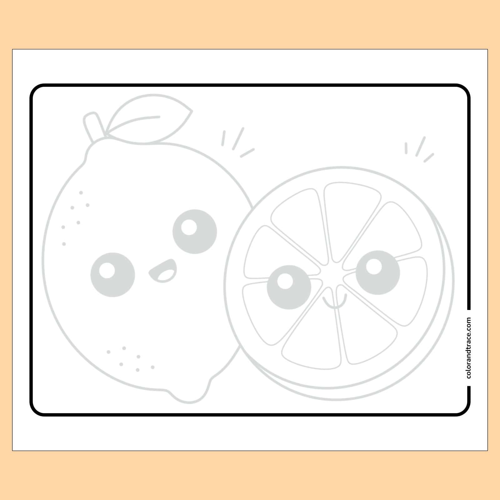 Preview of kawaii lemon and lemon slice tracing page with thick rounded border, simple facial features, and light guide lines for coloring.