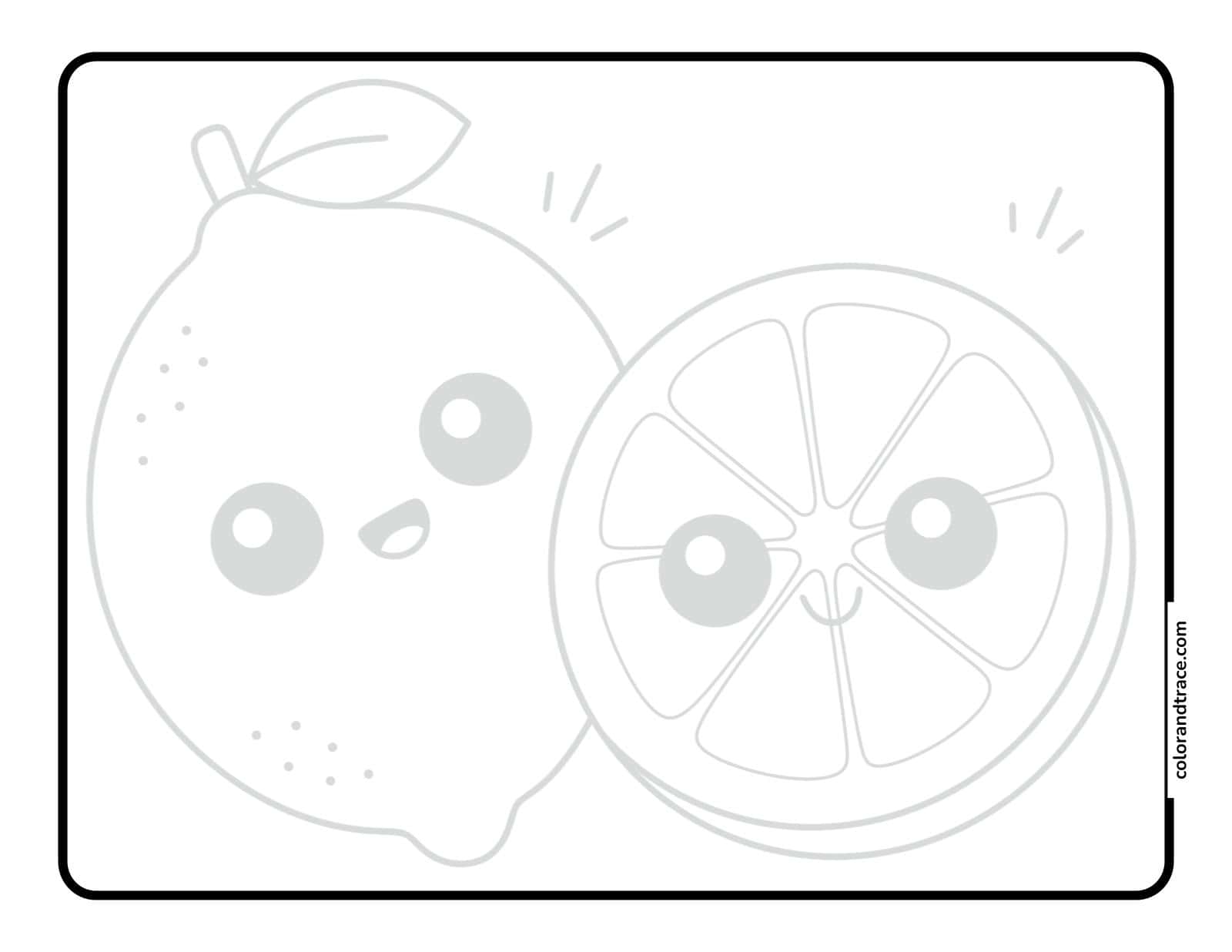 lemons-tracing-page Kawaii lemon and lemon slice tracing page with thick rounded border, simple facial features, and light guide lines for coloring.