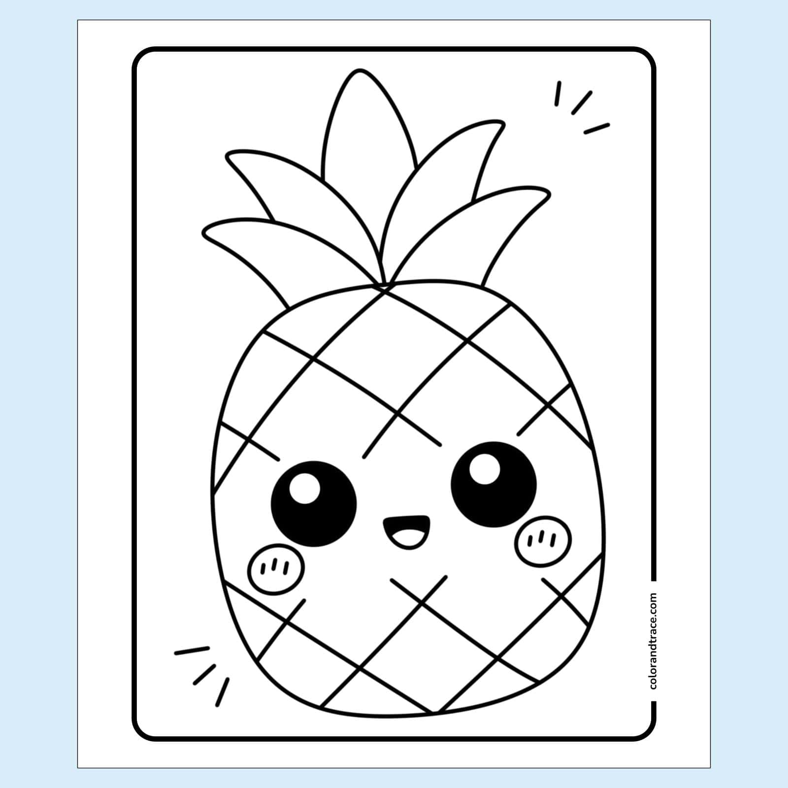 coloring page on a light blue background showing a large kawaii pineapple with big round eyes, a smiling mouth, crosshatch skin, and leafy crown.