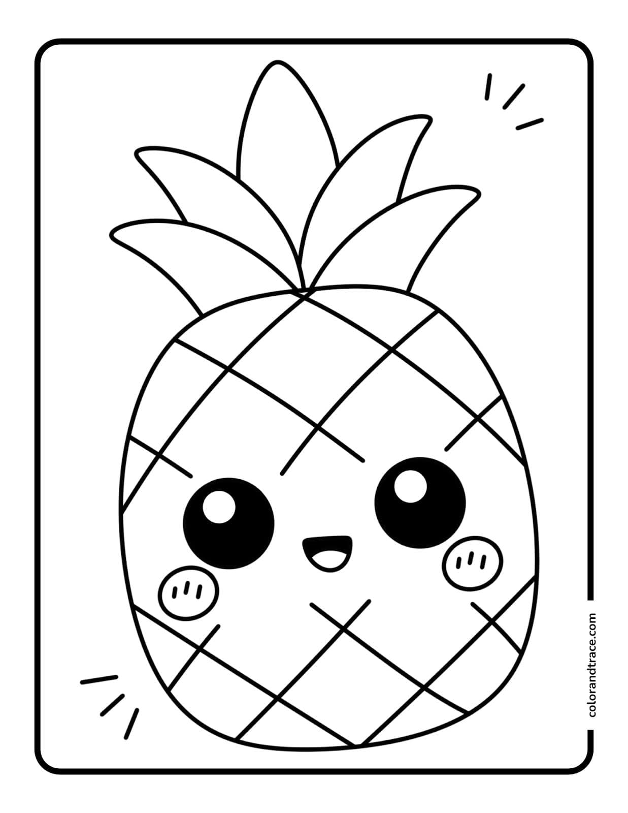 Black-and-white coloring page showing a large kawaii pineapple with big round eyes, a smiling mouth, crosshatch skin, and leafy crown.