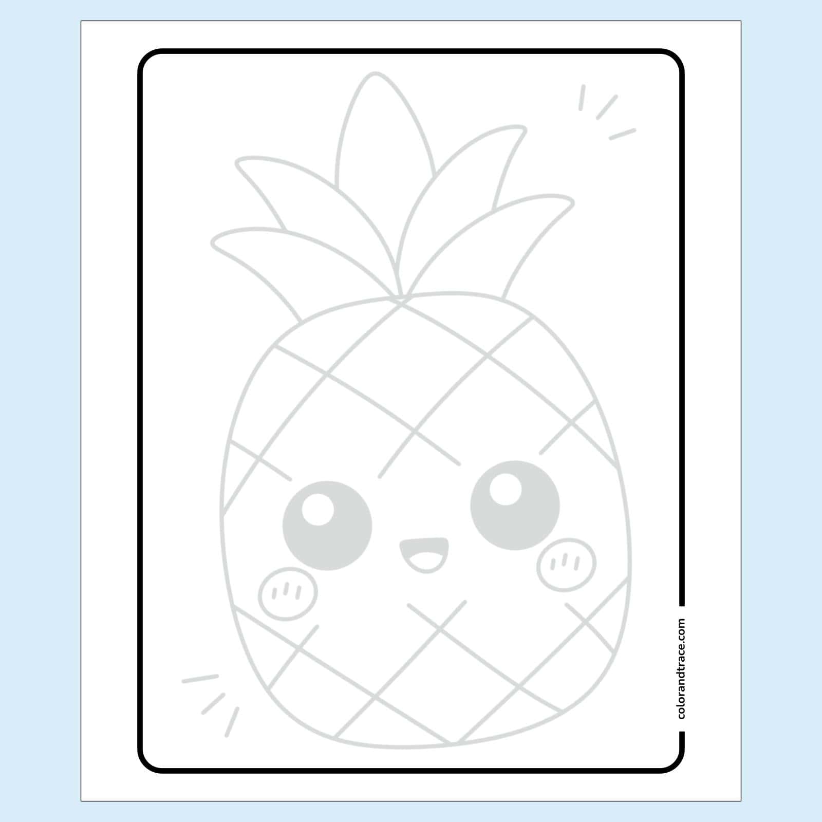 Preview of kawaii pineapple tracing page with large rounded leaves, crisscross body pattern, and a smiling face for coloring.
