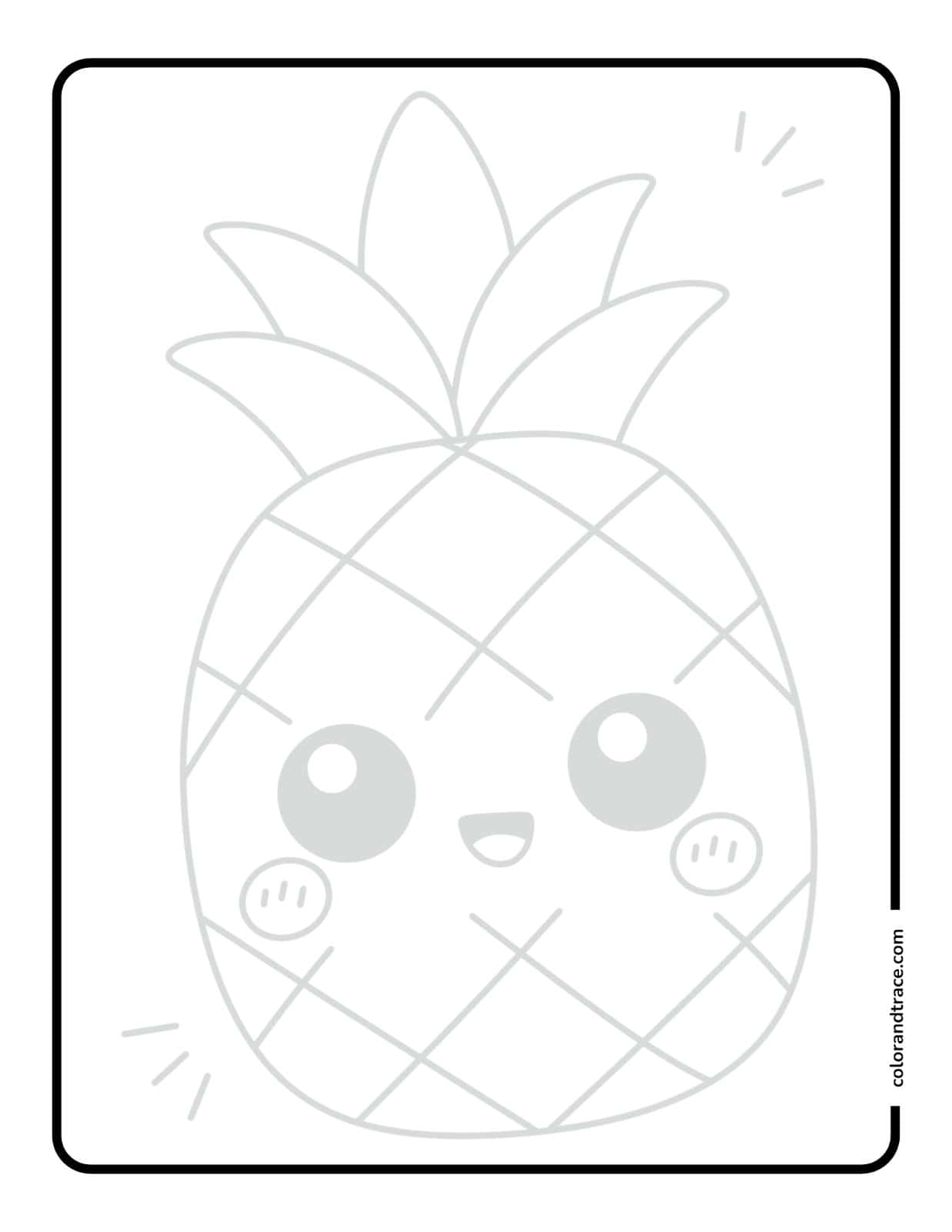 Kawaii pineapple tracing page with large rounded leaves, crisscross body pattern, and a smiling face for coloring.