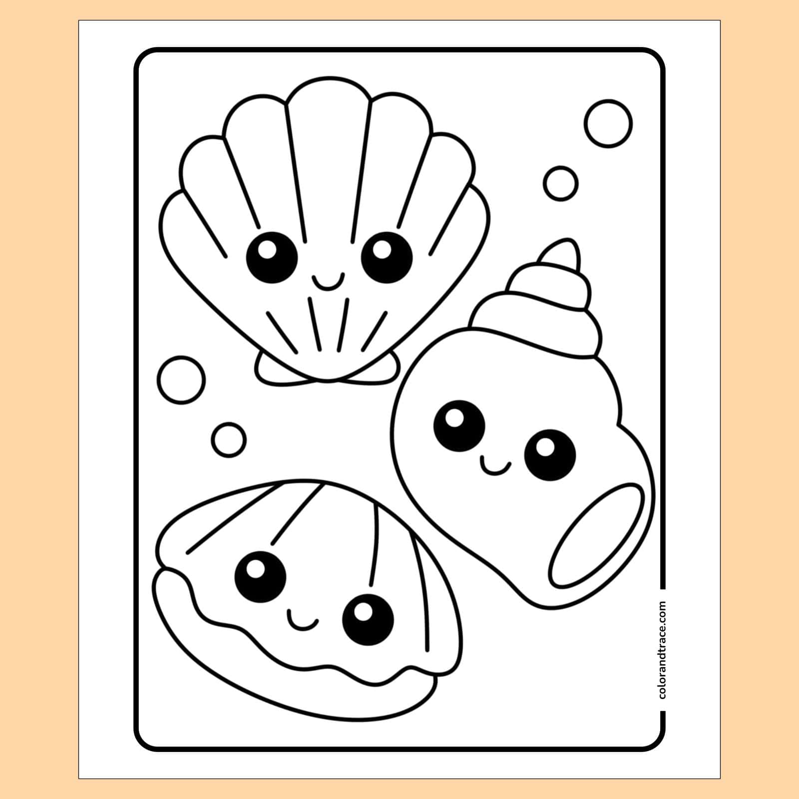 Preview of large coloring page showing three smiling seashell characters with big round eyes, bubbles, and a rounded rectangular border on a peach background.