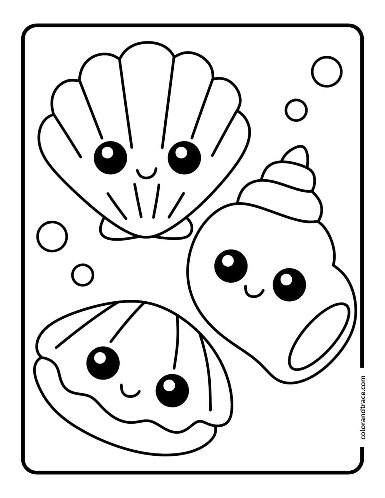 Large coloring page showing three smiling seashell characters with big round eyes, bubbles, and a rounded rectangular border.