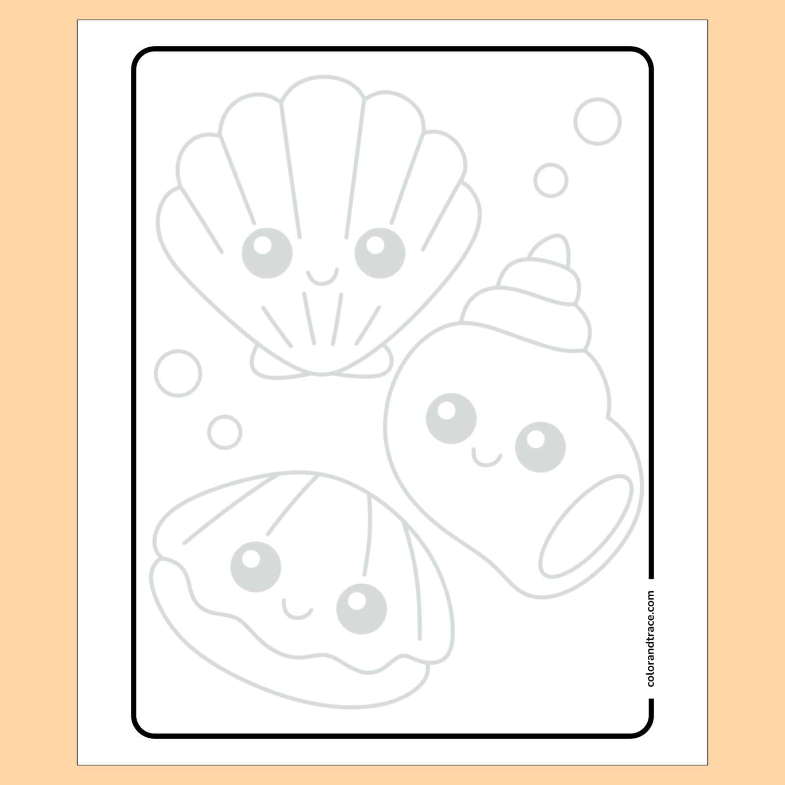Preview of large printable tracing page showing three smiling seashell characters and bubbles inside a rounded rectangle border for kids to trace and color.
