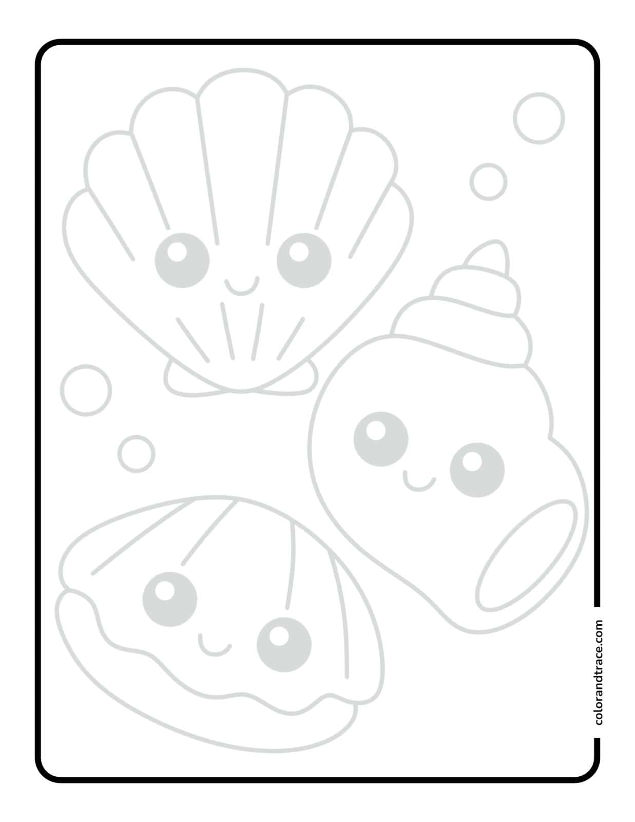 Large printable tracing page showing three smiling seashell characters and bubbles inside a rounded rectangle border for kids to trace and color.
