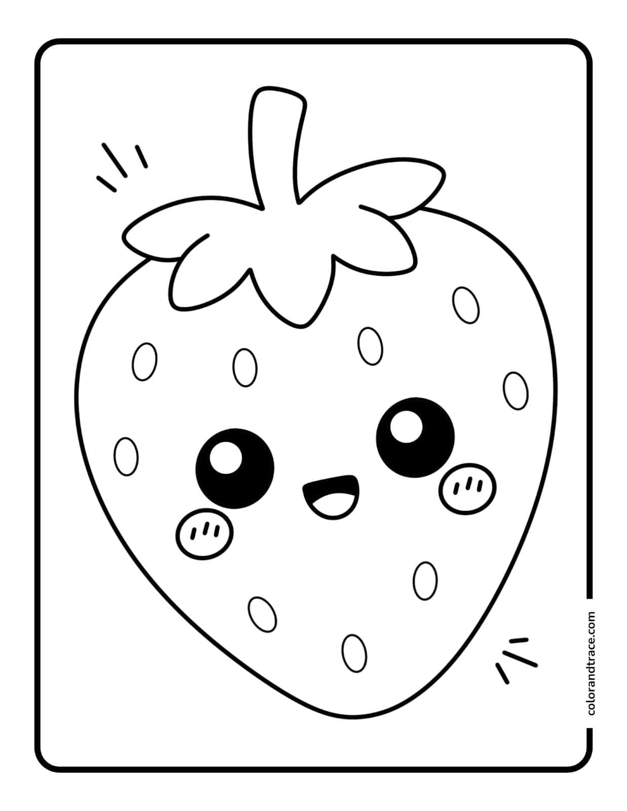 A large kawaii-style strawberry coloring page with a smiling face, big round eyes, seeds, leafy top, and rounded border.