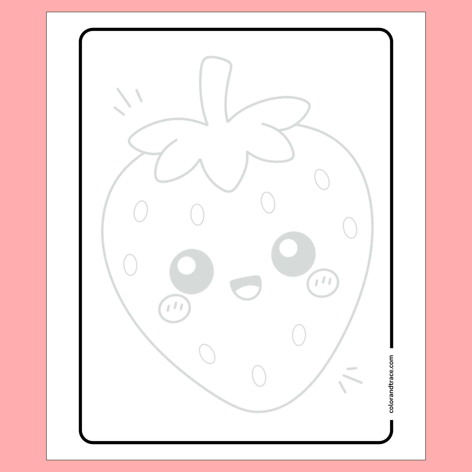 Preview of a simple tracing page on a pink background showing a large light-gray kawaii strawberry with big eyes, cheeks, seeds, and a leafy top.