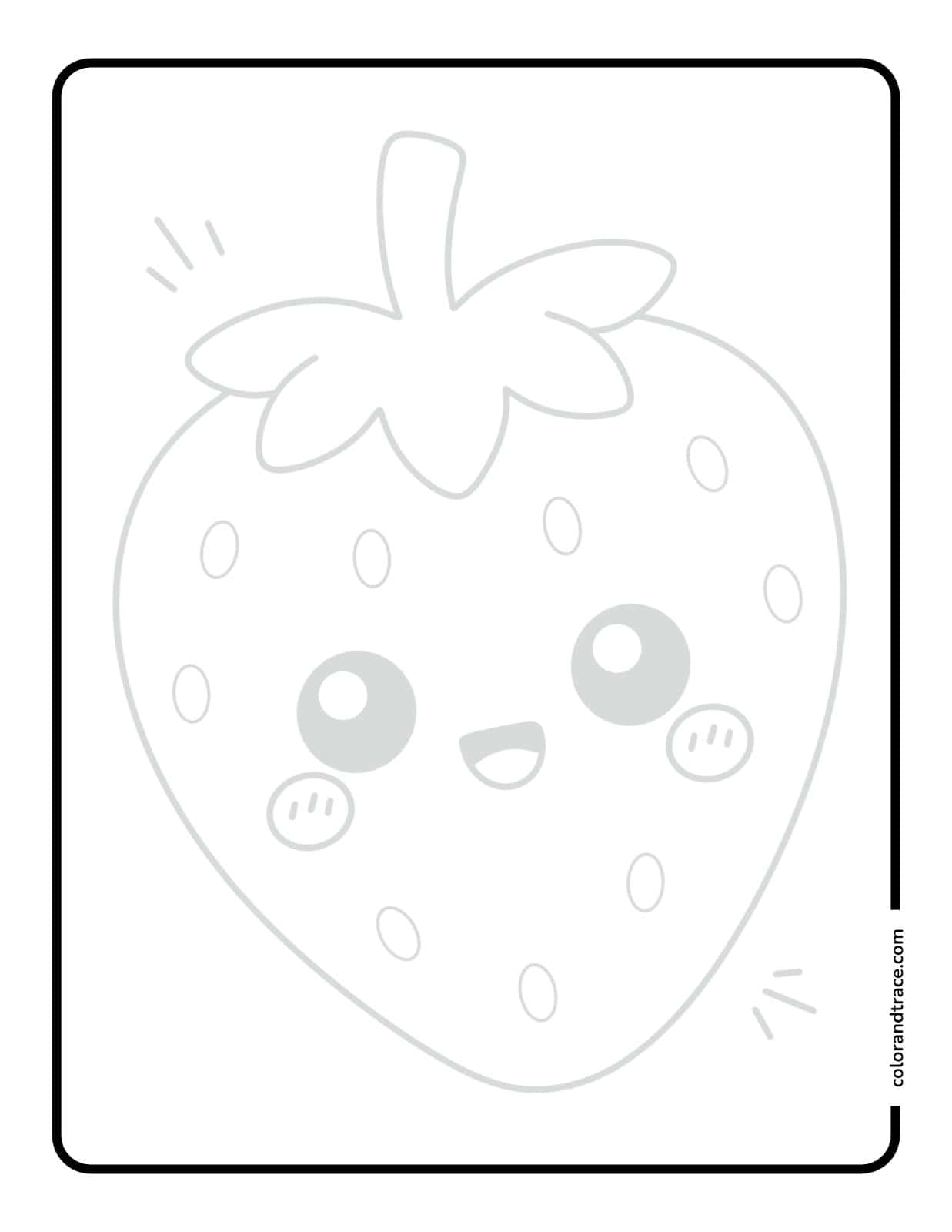 A simple tracing page on a pink background showing a large light-gray kawaii strawberry with big eyes, cheeks, seeds, and a leafy top.