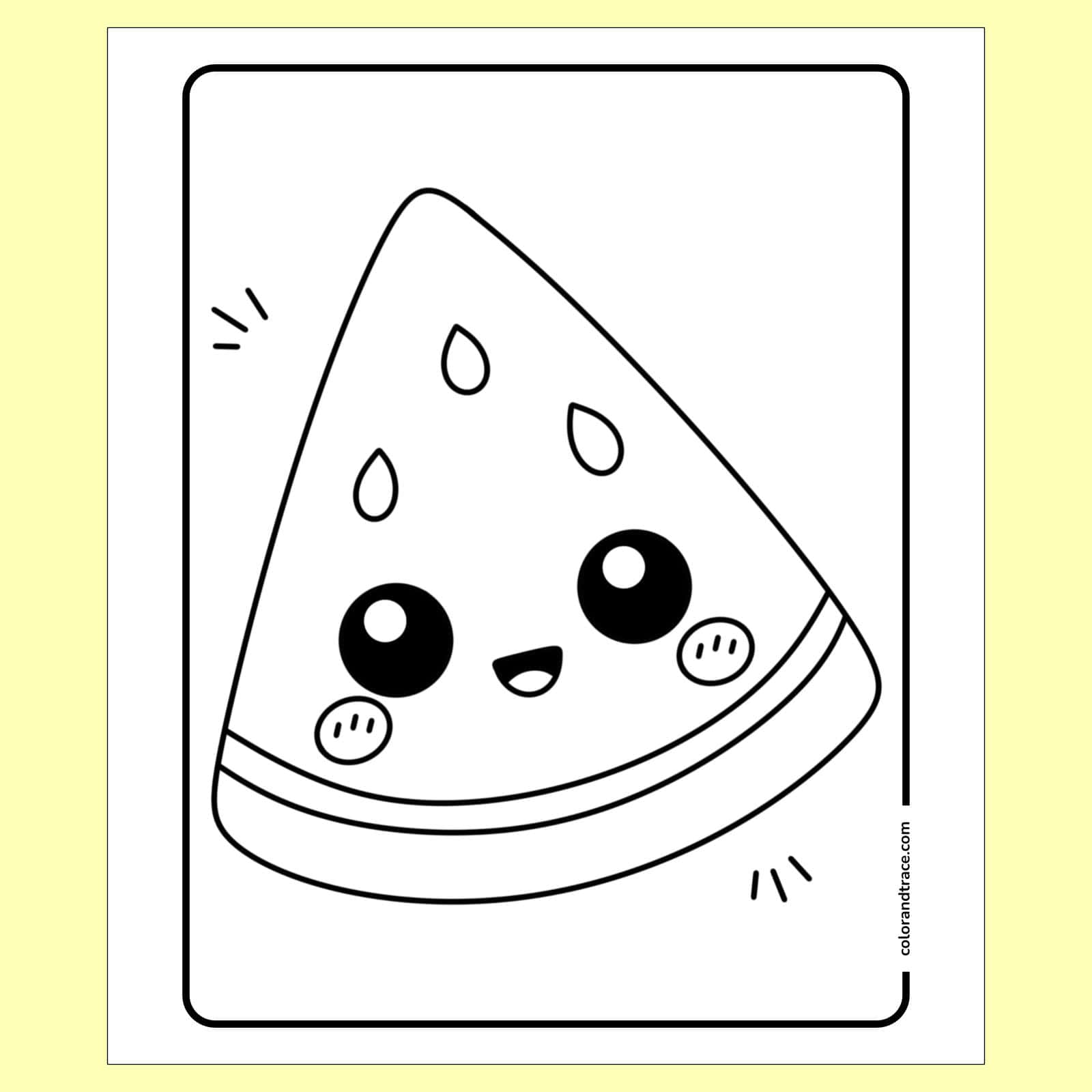 coloring page on a pale yellow background showing a smiling kawaii pizza slice with big eyes, seeds, crust layers, and a rounded rectangular border.