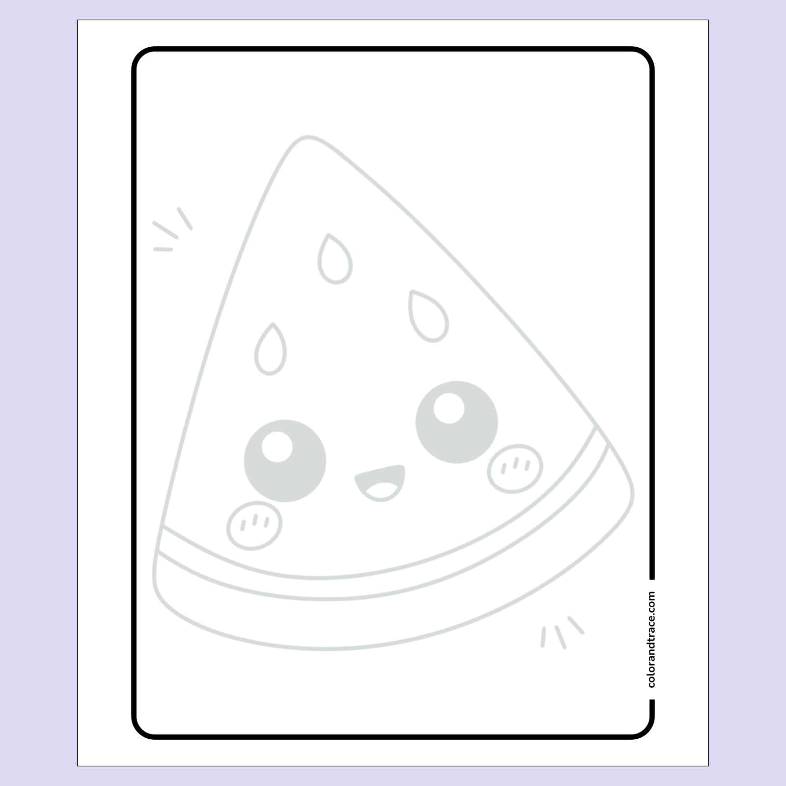 Preview of a large printable tracing page showing a cute smiling pizza slice with round eyes, pepperoni, and crust within a rounded rectangle border.